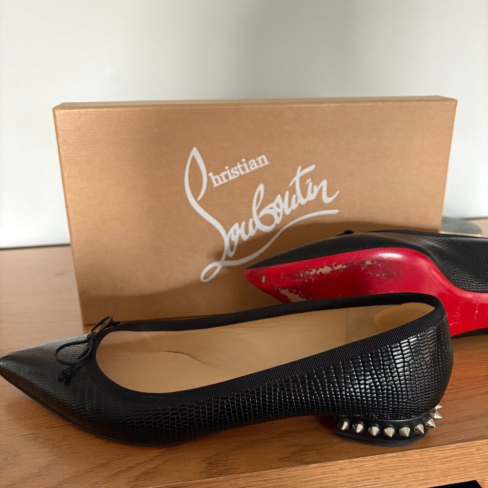 Christian Louboutin black leather embossed pointed flats with studded heels